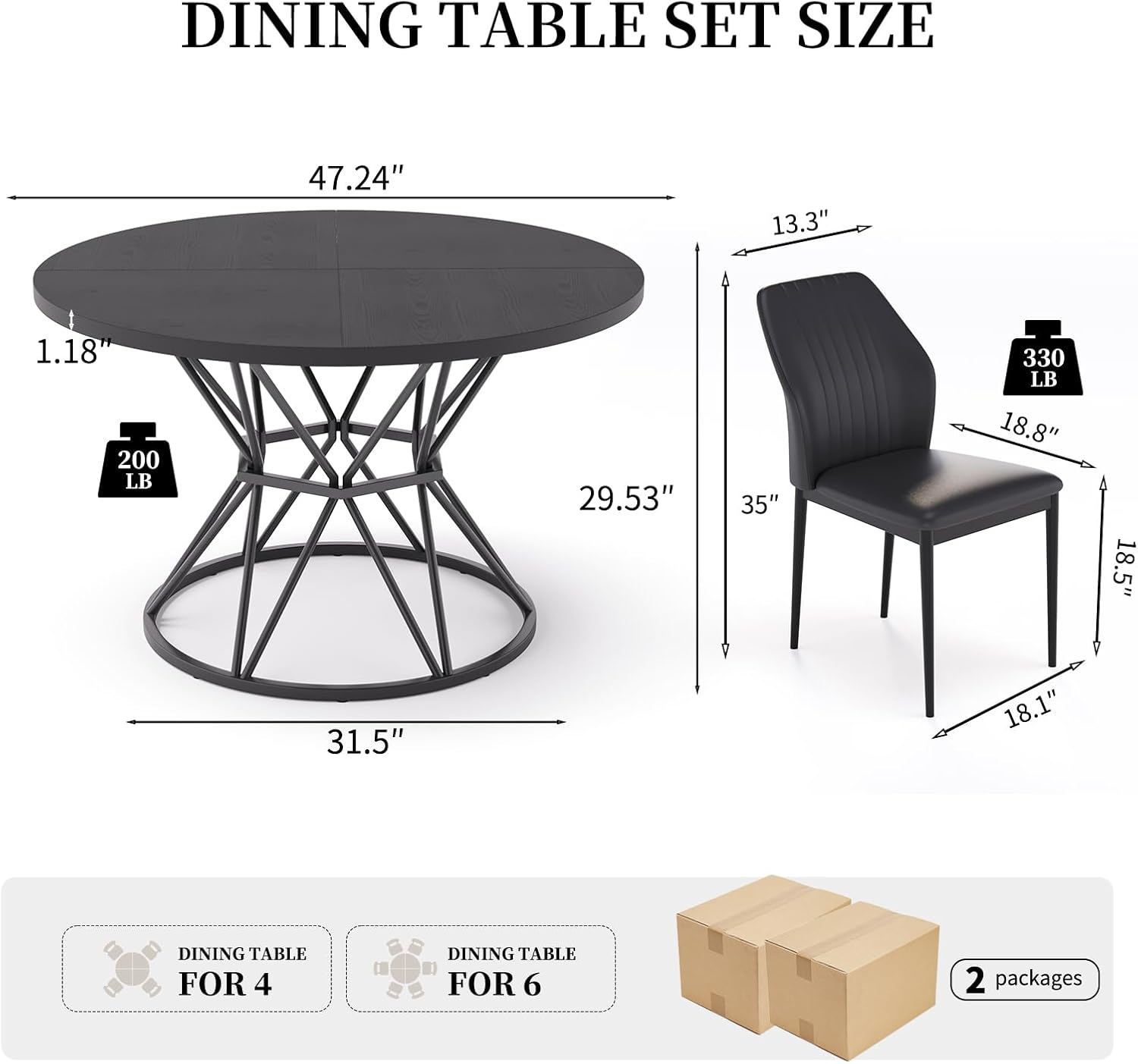 HIPIHOM 47.24" Round Dining Table Set for 4, 5 Piece Dining Room Table Set, Circle Kitchen Table and Chairs for Dining Room, Living Room, Kitchen, Apartment(Black Table + 4 Black Faux Leather Chairs)