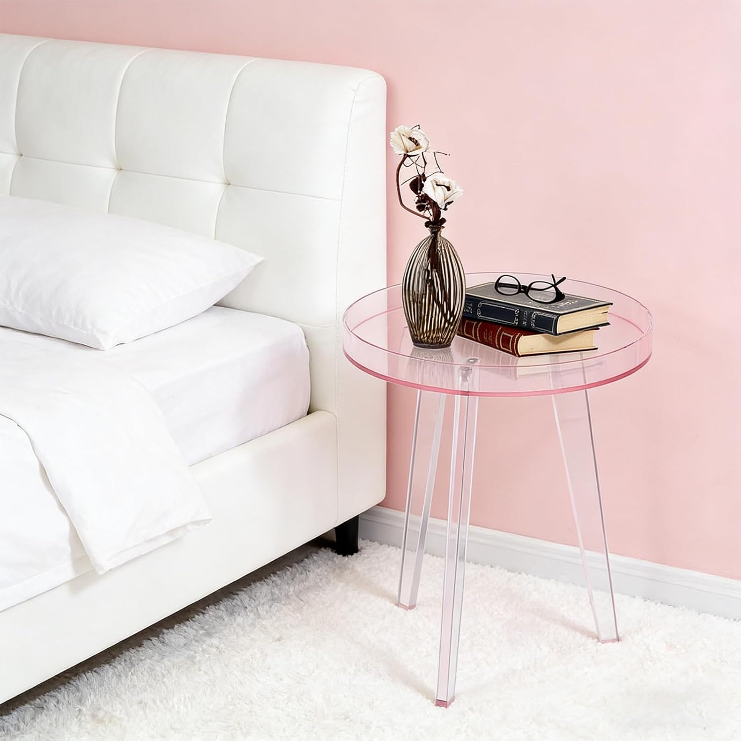 Clear Acrylic Side Table, Modern End Table with Storage Shelf, Small Round Bedside Table Nightstand for Living Room Bedroom Sofa Side, Transparent Accent Table (Pink)