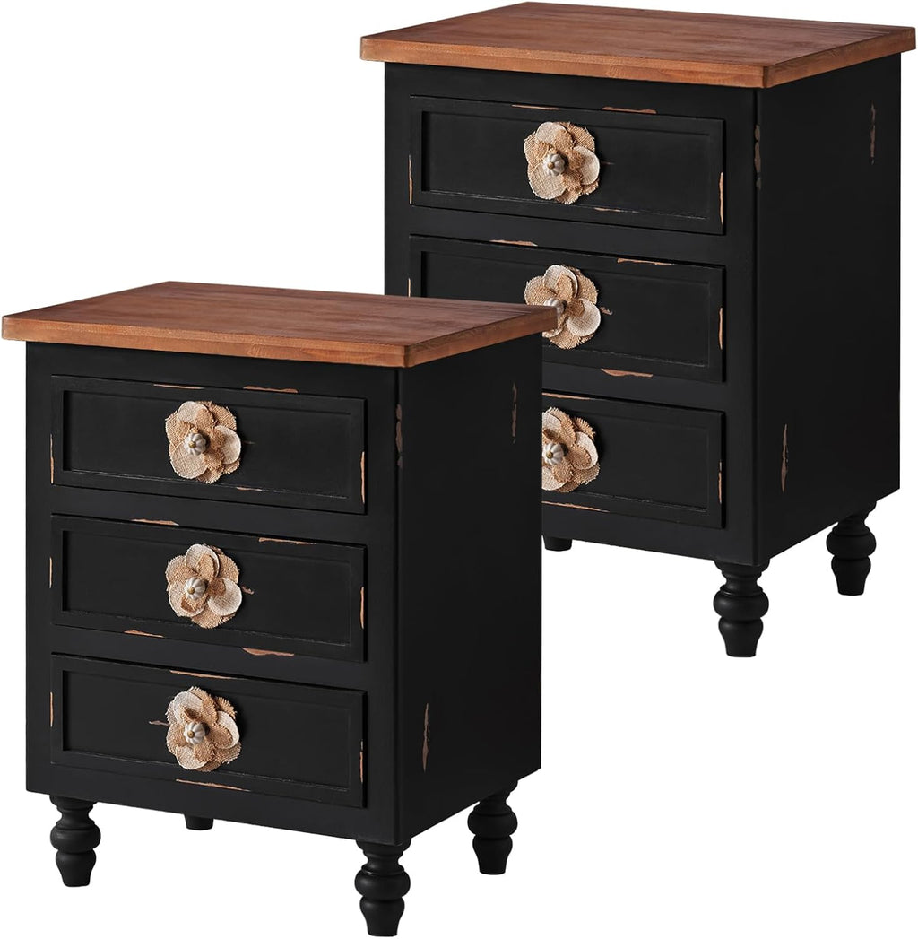 American Country Retro Style Side Table Cabinet, Classic Solid Wood Bedroom Bedside Table, Equipped with Three Drawers, Handcrafted Floral Handles (Antique Black+Walnut)