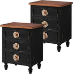 American Country Retro Style Side Table Cabinet, Classic Solid Wood Bedroom Bedside Table, Equipped with Three Drawers, Handcrafted Floral Handles (Antique Black+Walnut)