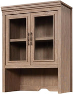 Pemberly Row Engineered Wood Library Hutch, Brushed Oak Finish, 42.17 in H x 31.5 in W x 17.68 in D, Adjustable Shelves, Cord Management, Safety Glass Doors, Home Office or Study Storage Unit