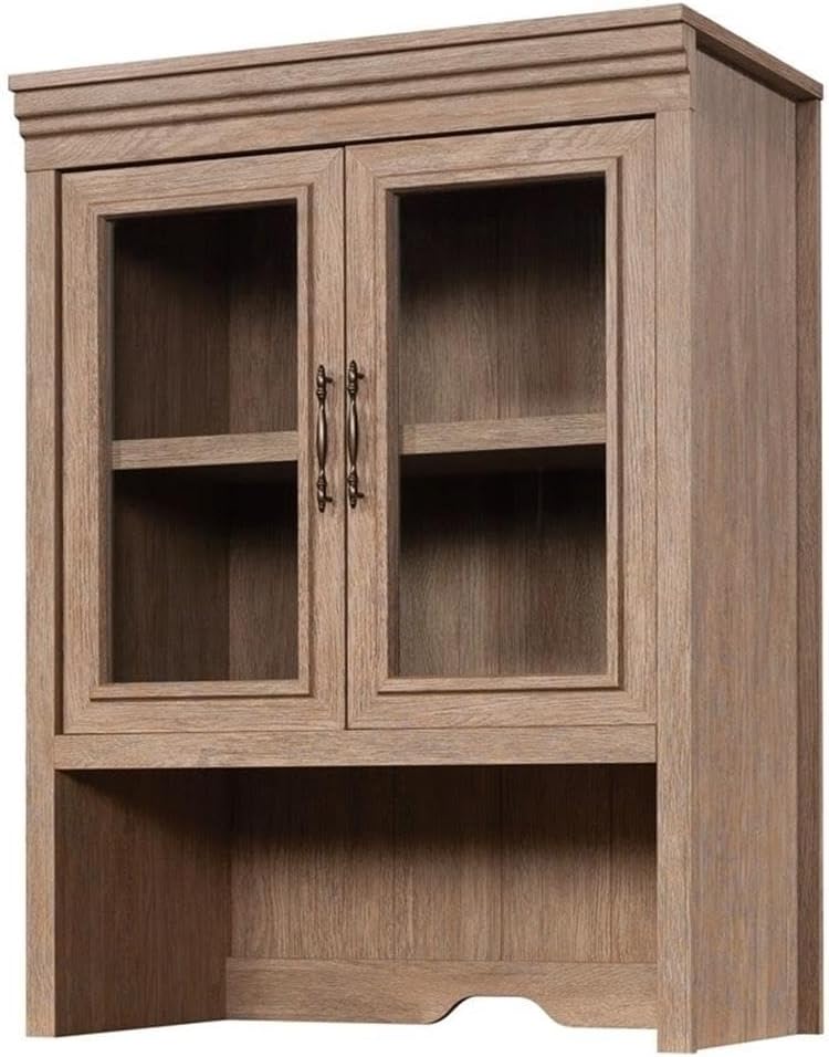 Pemberly Row Engineered Wood Library Hutch, Brushed Oak Finish, 42.17 in H x 31.5 in W x 17.68 in D, Adjustable Shelves, Cord Management, Safety Glass Doors, Home Office or Study Storage Unit
