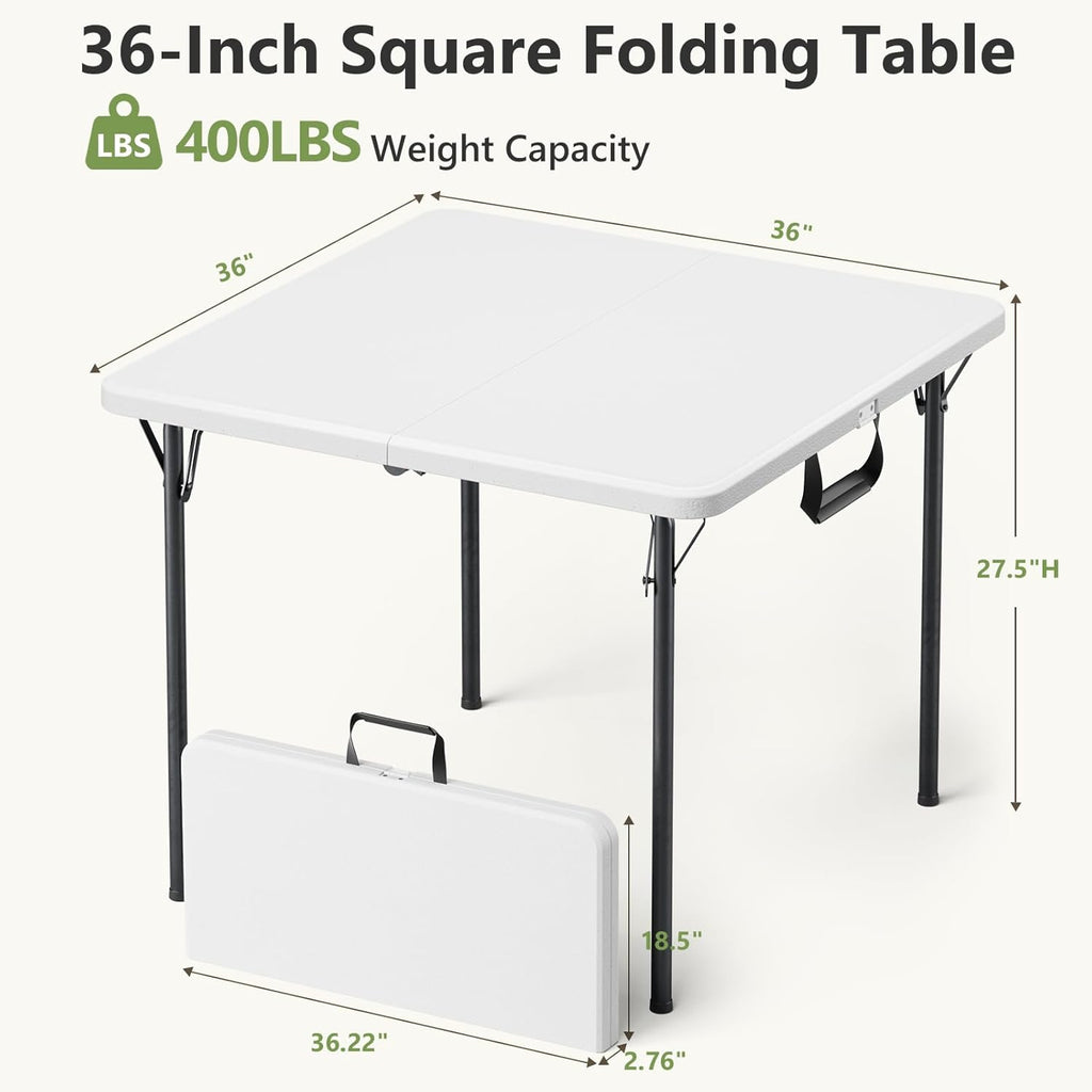 Folding Table, 36 Inch Square Foldable Card Table with Carrying Handle, Heavy Duty Fold-in-Half Portable Table No Assembly, Ideal for Picnic, Camping, RV Travel, Parties, BBQs, Crafting and Indoor Use