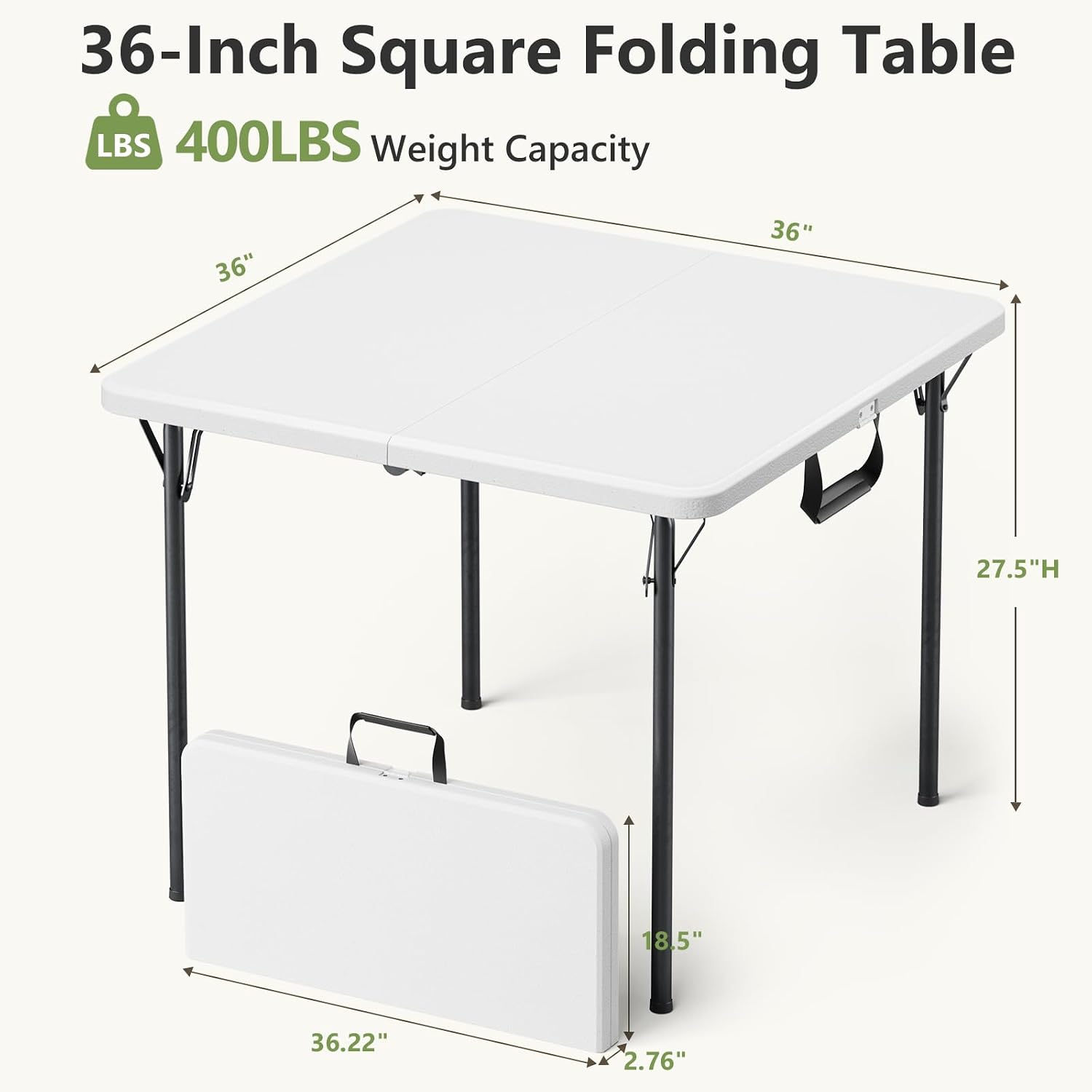 Folding Table, 36 Inch Square Foldable Card Table with Carrying Handle, Heavy Duty Fold-in-Half Portable Table No Assembly, Ideal for Picnic, Camping, RV Travel, Parties, BBQs, Crafting and Indoor Use
