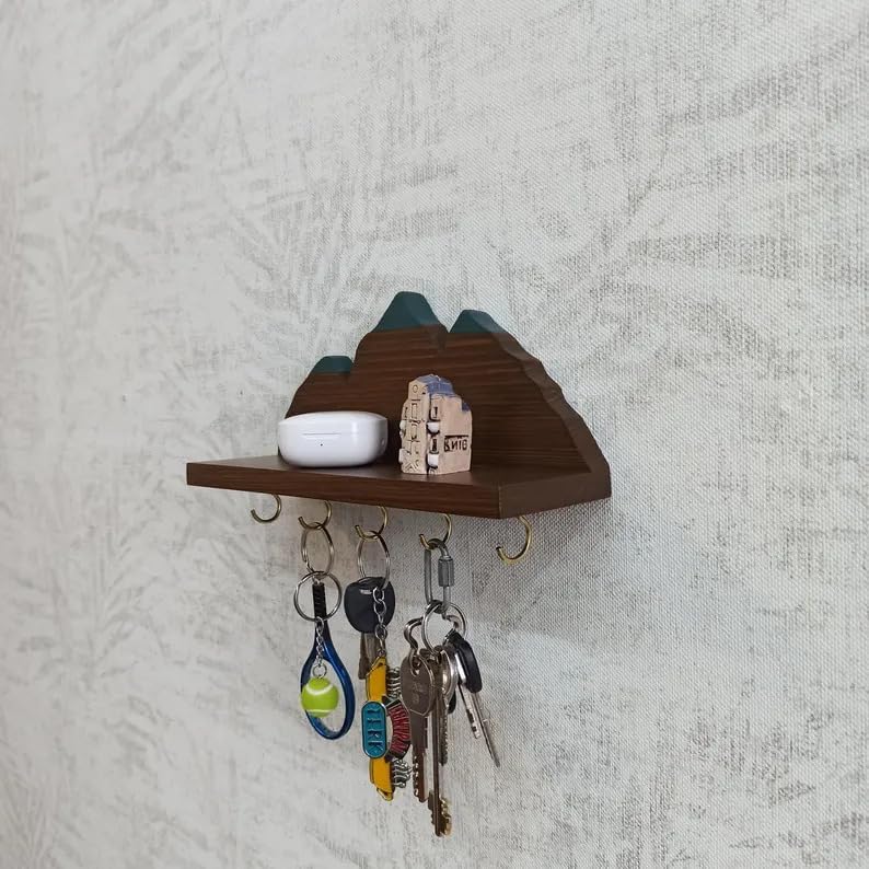 Wooden Mountain Key Holder with Shelf, Rustic Wall Mounted Key Rack, Decorative Entryway Organizer with 5 Hooks, Natural Wood Home Decor for Entryway Bedroom Kitchen