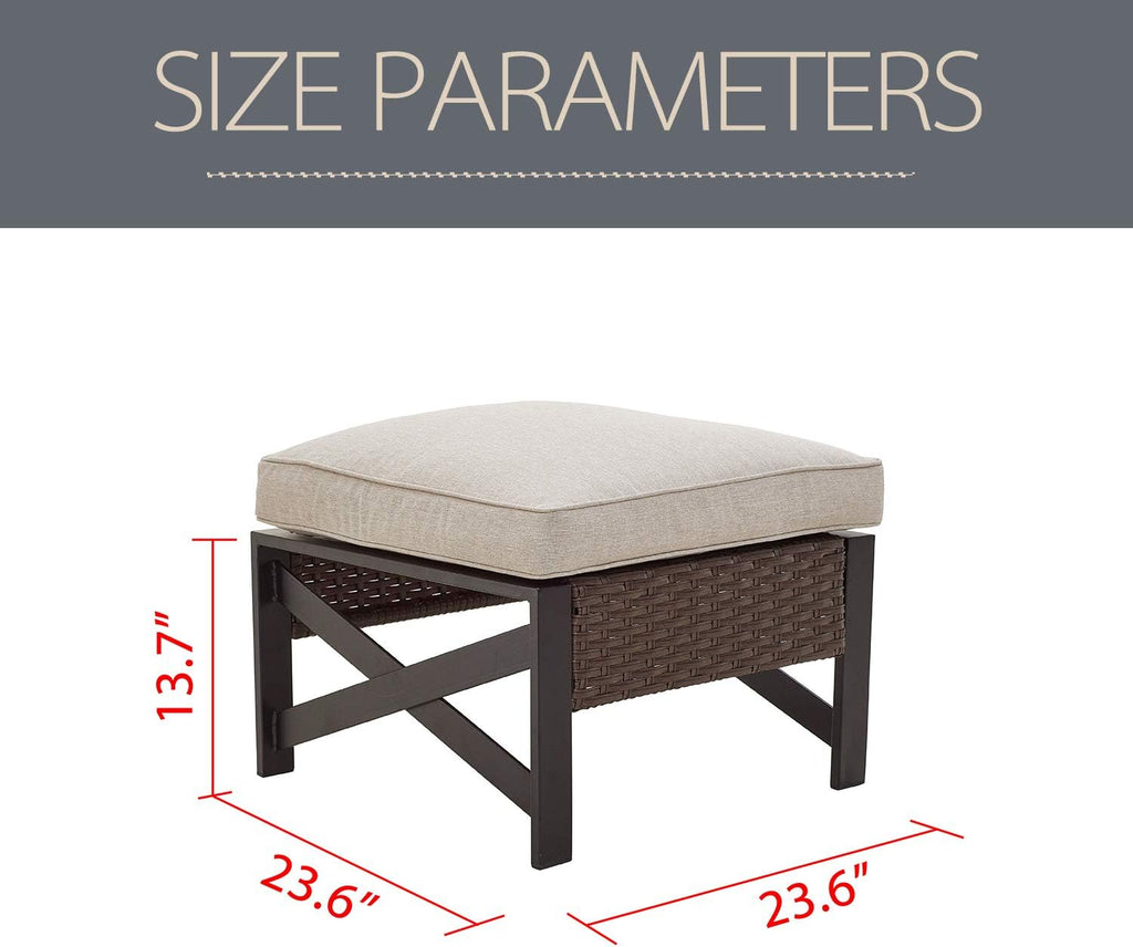 LOKATSE HOME Outdoor Wicker Ottoman with Cushion Patio Bistro All Weather Rattan Furnitur Footrest Seat Steel X-Leg, Brown