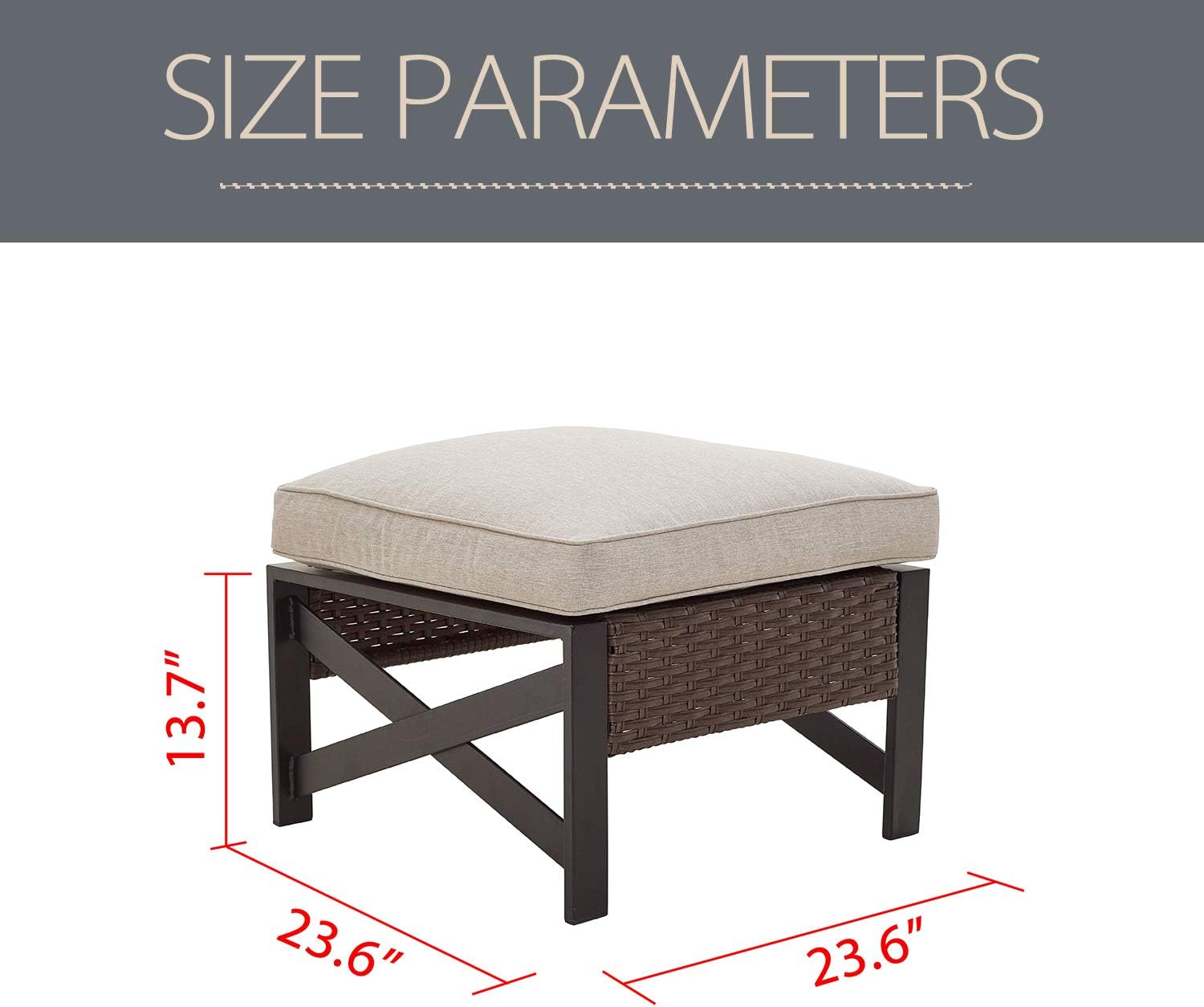 LOKATSE HOME Outdoor Wicker Ottoman with Cushion Patio Bistro All Weather Rattan Furnitur Footrest Seat Steel X-Leg, Brown