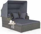 RELAX4LIFE Patio Outdoor Daybed with Canopy, Wicker Rattan Sunbed w/Cushions, 4 Pillows & 2 Retractable Side Trays, 2-Person Lounge Bed Conversation for Poolside Porch Garden (Gray-Grey)