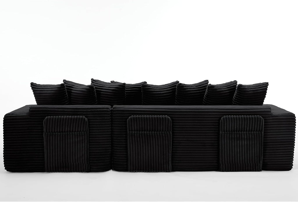 110'' Boneless Couch, Modern Corduroy Couch, Convertible Sleeper Sofa Bed Full, Right L-Shaped Floor Sofa, 8 Pillows, 2 Movable Pockets, Sectional Couches for Living Room, Apartment, Black