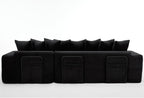 110'' Boneless Couch, Modern Corduroy Couch, Convertible Sleeper Sofa Bed Full, Right L-Shaped Floor Sofa, 8 Pillows, 2 Movable Pockets, Sectional Couches for Living Room, Apartment, Black