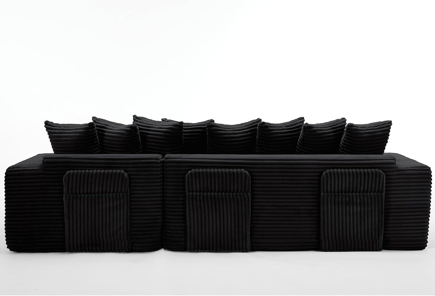 110'' Boneless Couch, Modern Corduroy Couch, Convertible Sleeper Sofa Bed Full, Right L-Shaped Floor Sofa, 8 Pillows, 2 Movable Pockets, Sectional Couches for Living Room, Apartment, Black