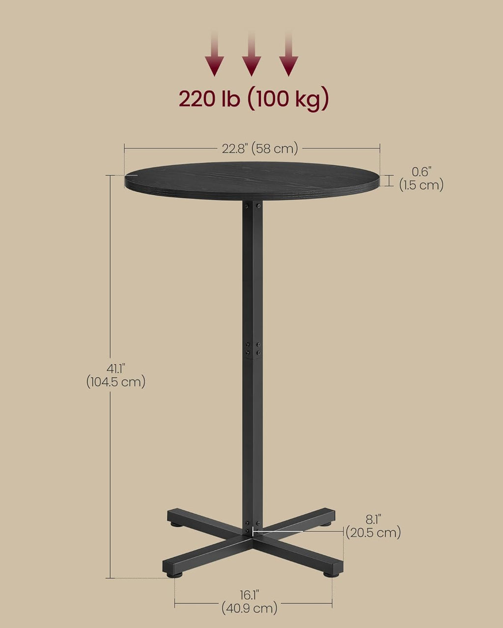 VASAGLE Round Cocktail Table, High Top Bar Pub Table with Metal Frame and Cross Base, for 2-3 People, Modern, Easy to Assemble, 22.8 x 41.1 Inches, Ebony Black ULBT361BE01S
