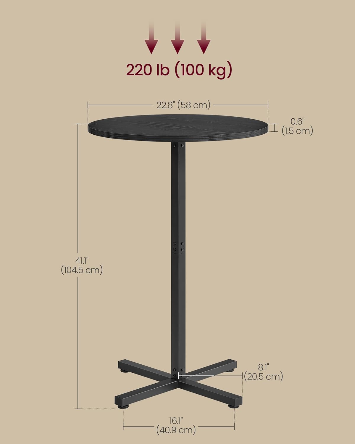 VASAGLE Round Cocktail Table, High Top Bar Pub Table with Metal Frame and Cross Base, for 2-3 People, Modern, Easy to Assemble, 22.8 x 41.1 Inches, Ebony Black ULBT361BE01S