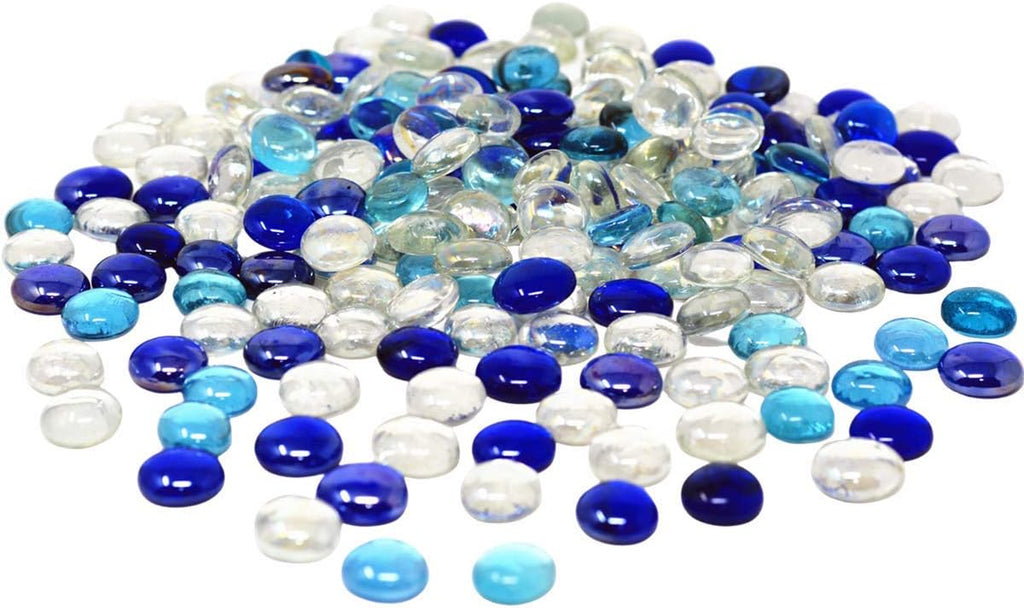 TSY TOOL 3 Lb (300PCS) Flat Glass Marbles Blue, Clear Mixed Color Glass Gems Pebbles Stones Marbles Vase Filler Accents and Crafting Aquarium Decor
