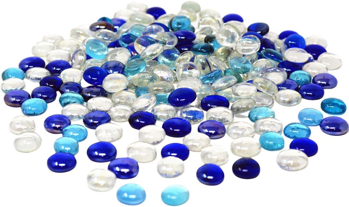 TSY TOOL 3 Lb (300PCS) Flat Glass Marbles Blue, Clear Mixed Color Glass Gems Pebbles Stones Marbles Vase Filler Accents and Crafting Aquarium Decor