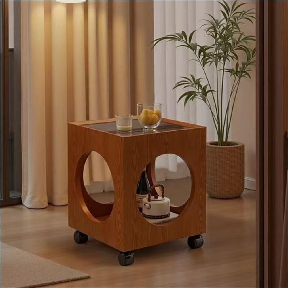 Vintage Rolling Side Table with Glass Top Wood Square Coffee Table on Wheels Mobile End Table for Living Room Sofa Corner Home Furnishing(Black)
