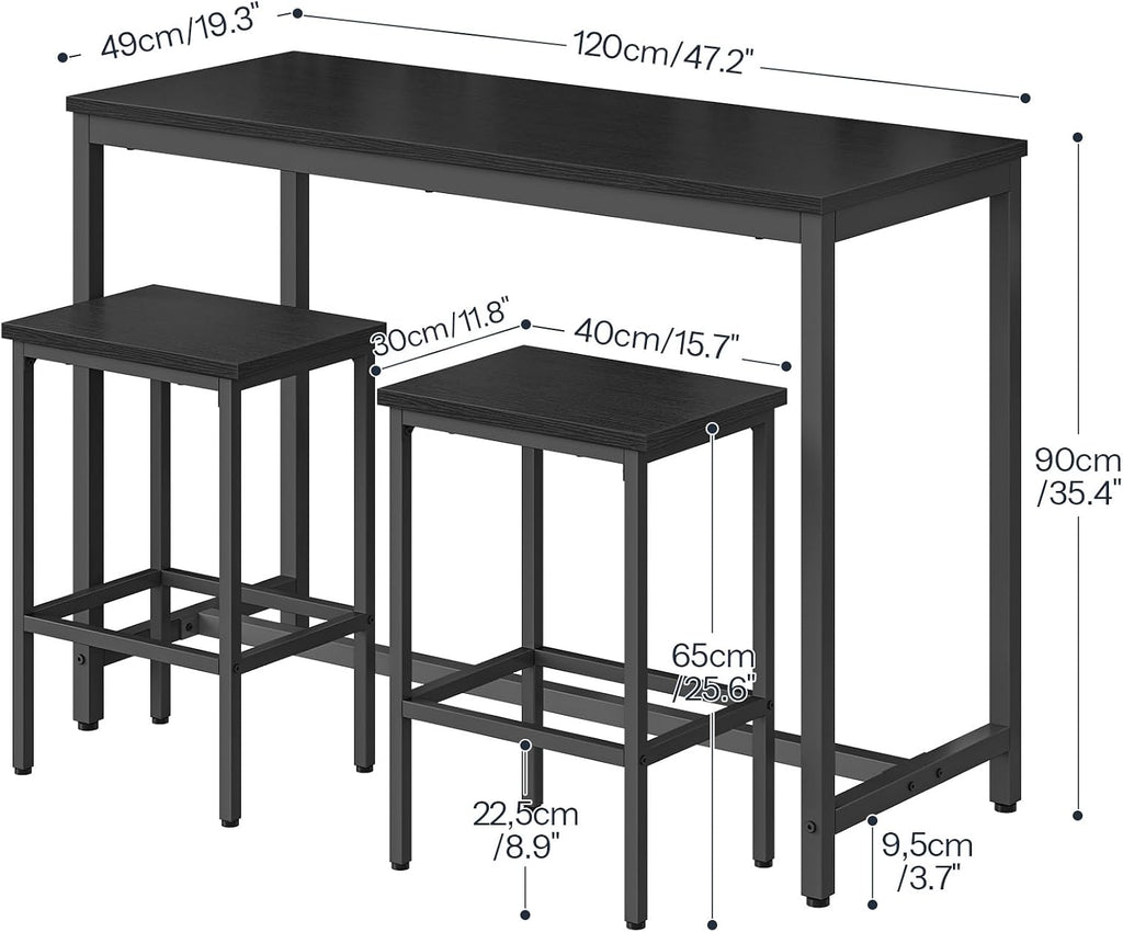 HOOBRO Bar Table and Chairs Set, 47.2" Rectangular Pub Table with 2 Stools for Small Space, 3-Piece Breakfast Stools Set, Sturdy Metal Frame, Easy to Assemble, Black BB52BT01