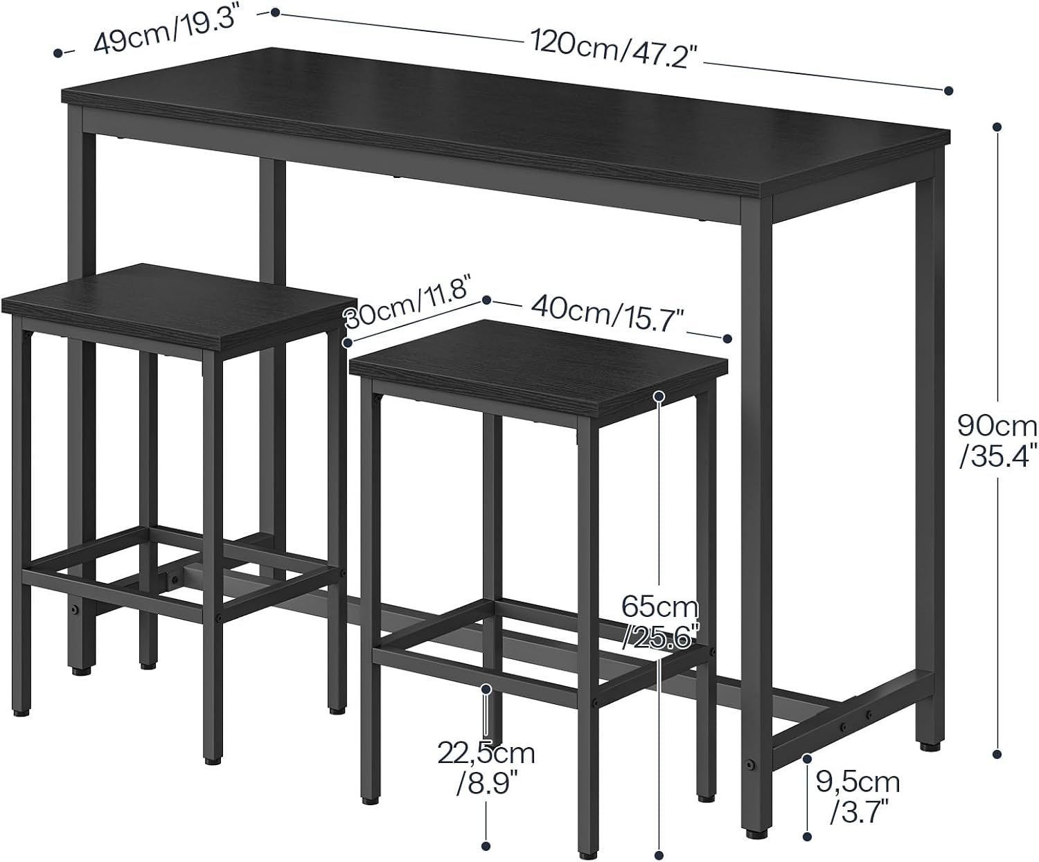 HOOBRO Bar Table and Chairs Set, 47.2" Rectangular Pub Table with 2 Stools for Small Space, 3-Piece Breakfast Stools Set, Sturdy Metal Frame, Easy to Assemble, Black BB52BT01