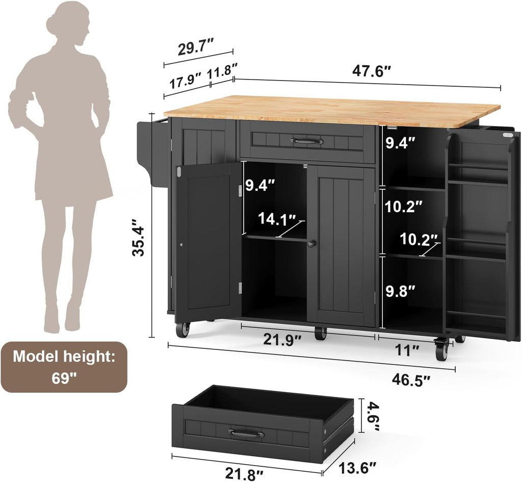 Ahomly Rolling Kitchen Island on Wheels, Kitchen Island with Storage, Kitchen Rolling Island with Spice Rack & Towel Rack, Knife Holder, Island Table for Kitchen, Black