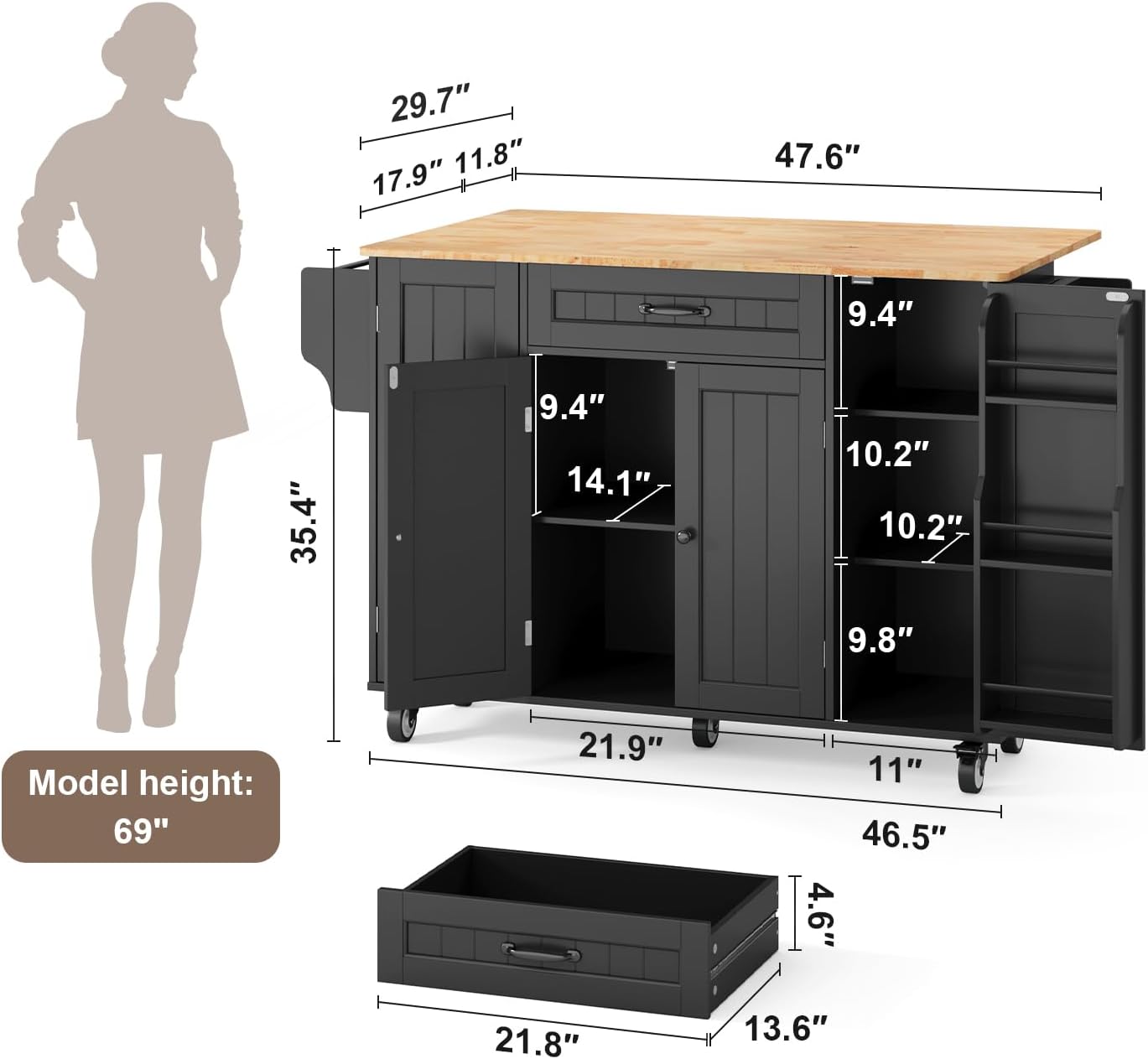 Ahomly Rolling Kitchen Island on Wheels, Kitchen Island with Storage, Kitchen Rolling Island with Spice Rack & Towel Rack, Knife Holder, Island Table for Kitchen, Black