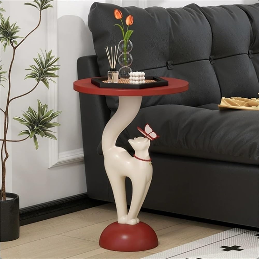 Elegant Resin Cat Sculpture Side Table with Tray, Modern Creative Bedside Table, Art Accent Tables for Living Room Bedroom Apartment Office Small Spaces Funky Furniture for Home Decor(Black,Large)