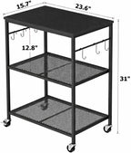 Homleke 3-Tier Rolling Kitchen Microwave Cart, Kitchen Utility Cart on Lockable Wheels, Coffee Bar Table Station with 6 S-Shaped Hooks, Small Appliance Storage Shelf, Black