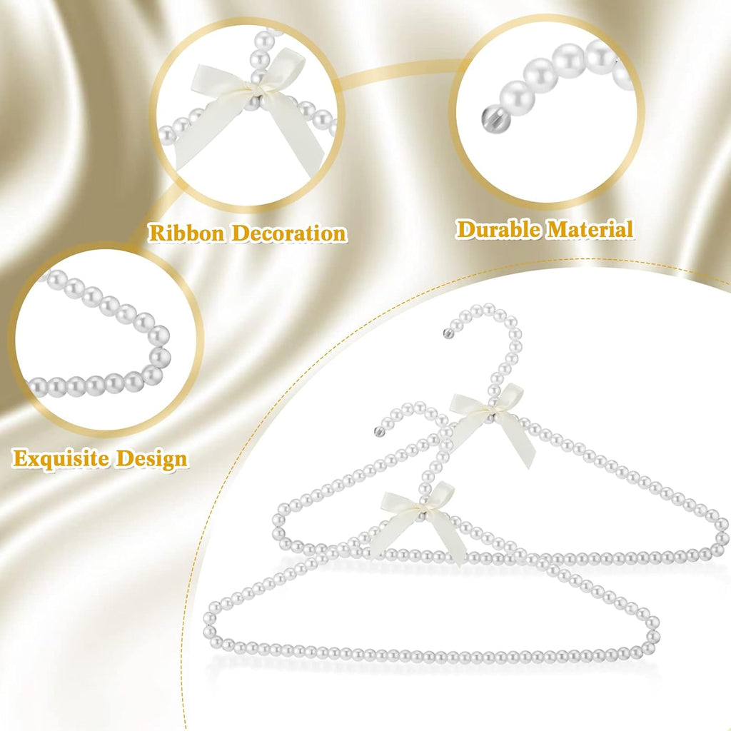 Threan 2 Pcs 16 Inch Pearl Clothes Beaded Clothing Hanger with Ribbon Bowknot Metal Elegant Clothes Standard Hanger for Women Bride Wedding Dress Coat Shirt (White)