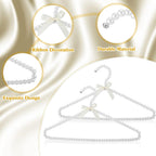 Threan 2 Pcs 16 Inch Pearl Clothes Beaded Clothing Hanger with Ribbon Bowknot Metal Elegant Clothes Standard Hanger for Women Bride Wedding Dress Coat Shirt (White)
