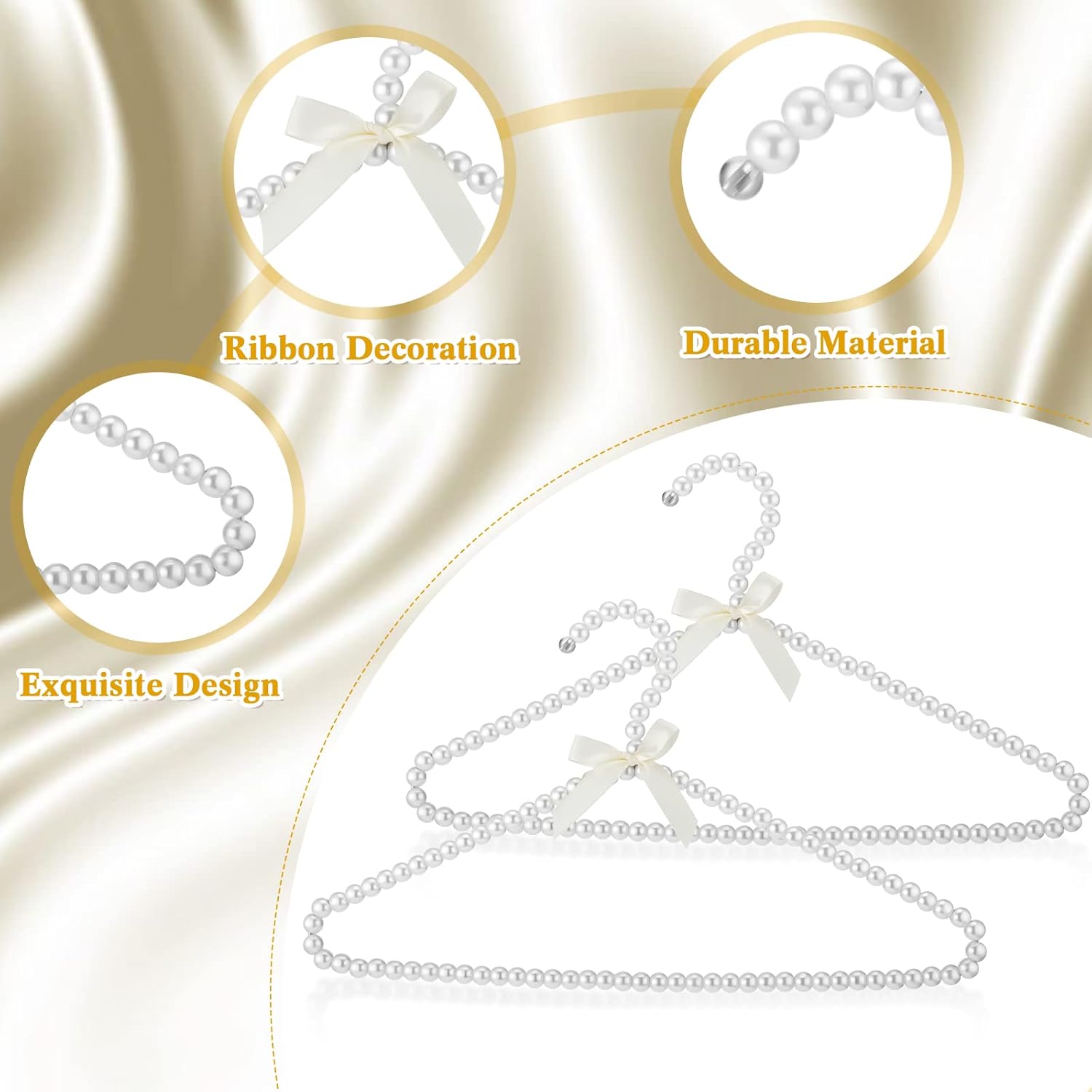 Threan 2 Pcs 16 Inch Pearl Clothes Beaded Clothing Hanger with Ribbon Bowknot Metal Elegant Clothes Standard Hanger for Women Bride Wedding Dress Coat Shirt (White)