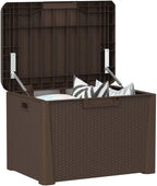 Patio Storage Box with Seat Cushion Brown 33 Gallon Resin Wicker Bench Container for Outdoor Garden Backyard Deck with Lockable Lid and Weather Resistant Design