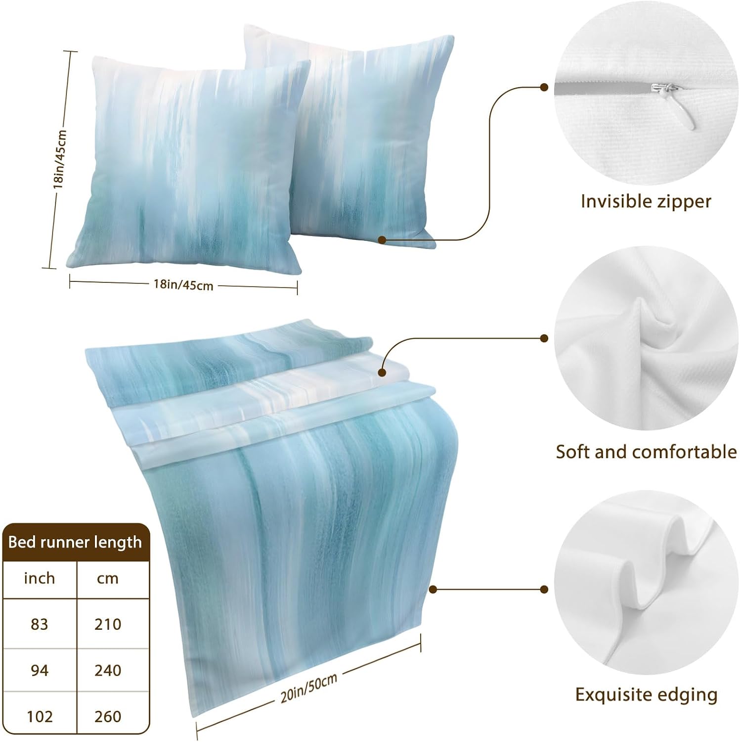 Bed Runner for Cal. King Size Bed, Light Blue Ombre Decorative Beds Runners and 2 Matching Pillow Covers Set, Modern Abstract Gradient Minimalist Art Beds Scarf Throw for Foot of Bedding Set for Hotel