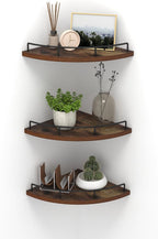 HORLIMER Floating Corner Shelf Wall Mount, Set of 3 Rustic Wood Corner Wall Shelves with Fence for Bedroom, Living Room, Bathroom, Kitchen, Brown