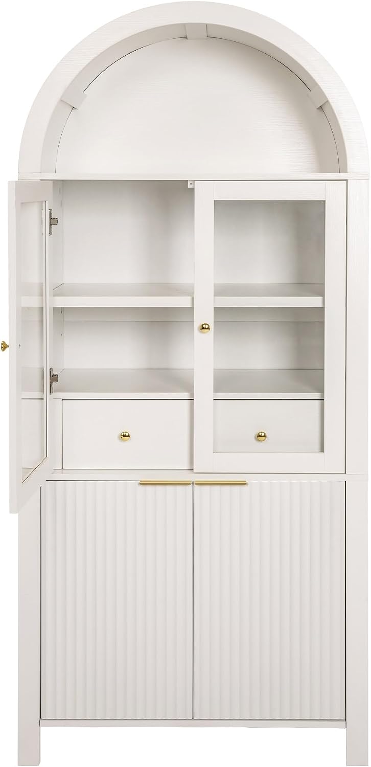 Fluted Tall Pantry Cabinet with Glass Door & Adjustable Shelves for Kitchen Storage and Living Room, Modern Farmhouse Arched Display Cabinet (White)