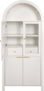 Fluted Tall Pantry Cabinet with Glass Door & Adjustable Shelves for Kitchen Storage and Living Room, Modern Farmhouse Arched Display Cabinet (White)