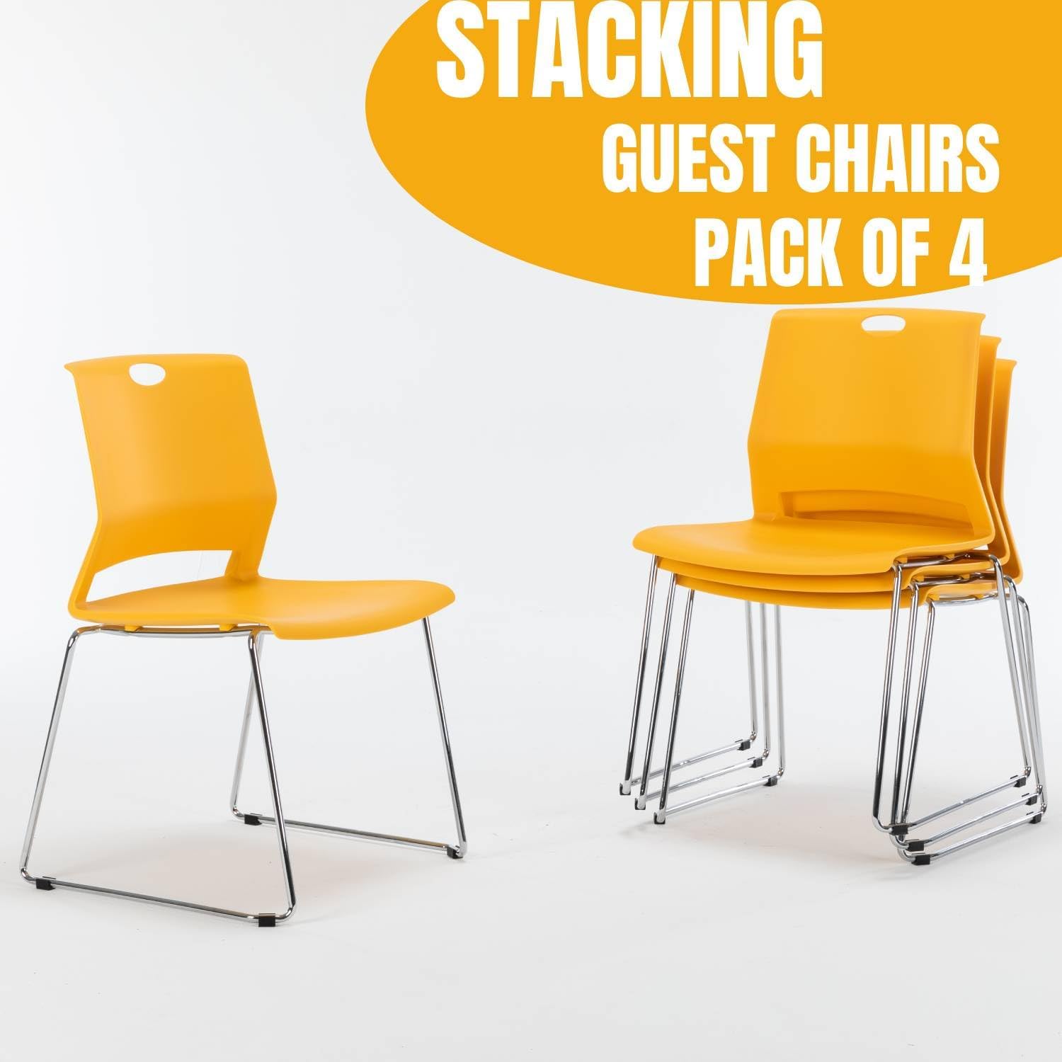 Waiting Room Pack of 4 Plastic Chairs for Office Guest & Reception, Stacking for Meeting Room, Office Lobby, Yellow
