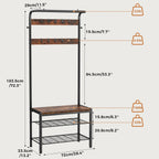 Hall Tree with Bench and Shoe Storage, 4-in-1 Entryway Organizer with 10 Hooks and Storage Shelf,Coat Rack Freestanding with 2-Tier Storage Shelf for Living Room, Bedroom Rustic