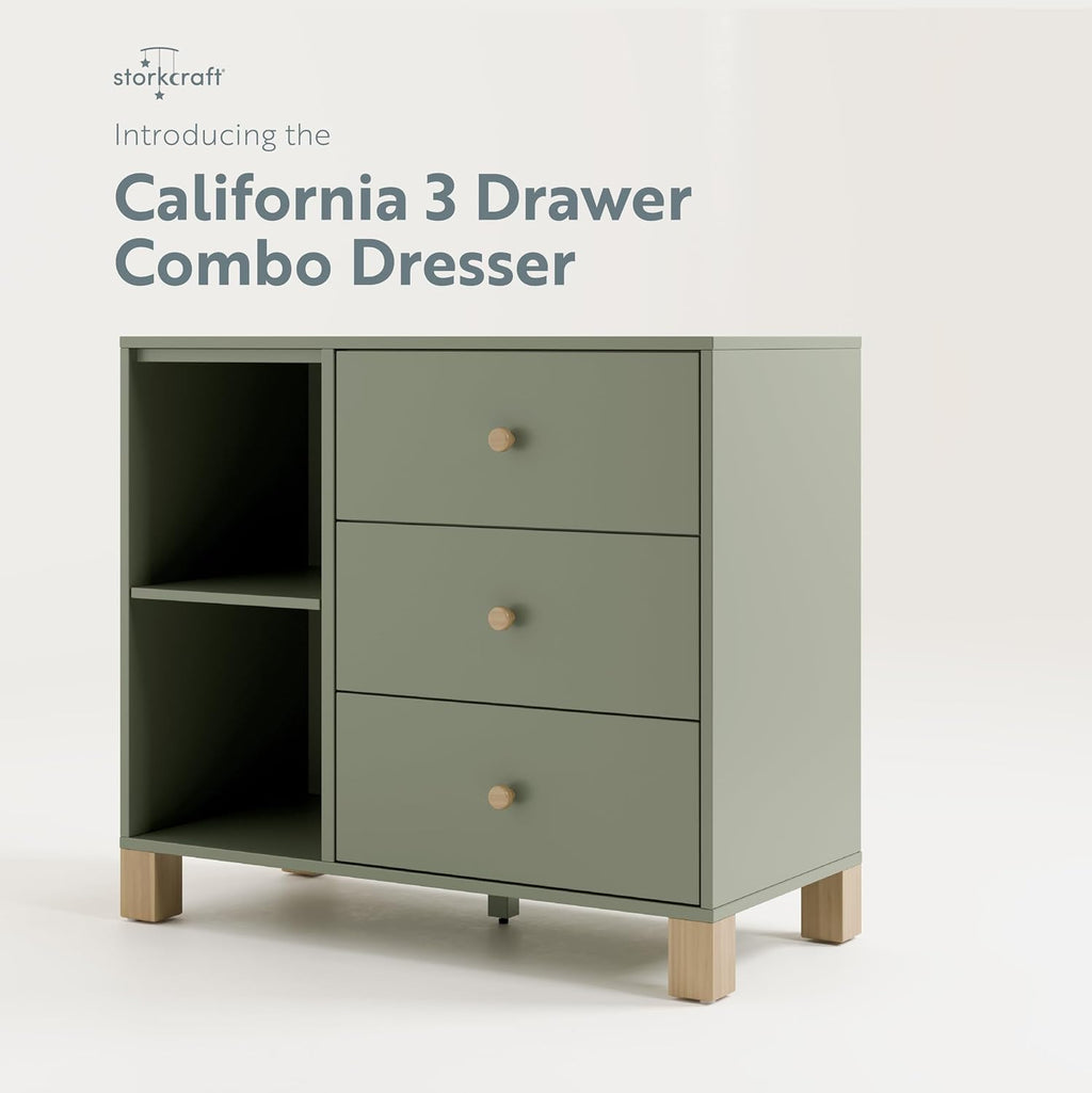 Storkcraft California 3 Drawer Combo Dresser, Olive with Driftwood | GREENGUARD Gold Certified, Interlocking Drawer System, Pre-Installed Drawer Tracks for Easier Assembly, Spacious Cabinet