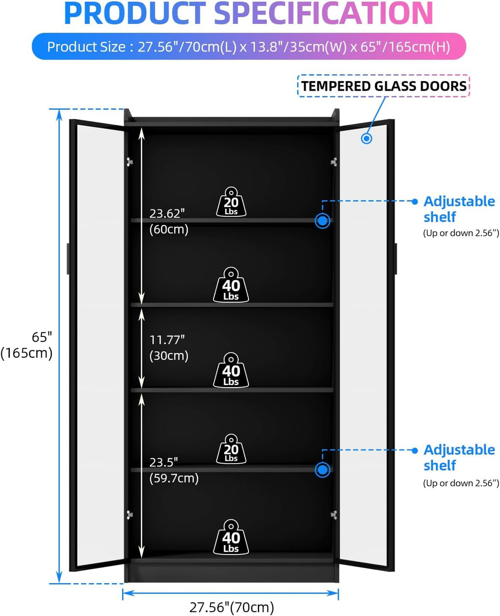 FREDEES Display Cabinet with Glass Doors, 5-Tier Curio Cabinet with Motion Sensor RGB Lights, 65" Tall Glass Display Case with Adjustable Shelves for Collectibles, Figures, Books, Black