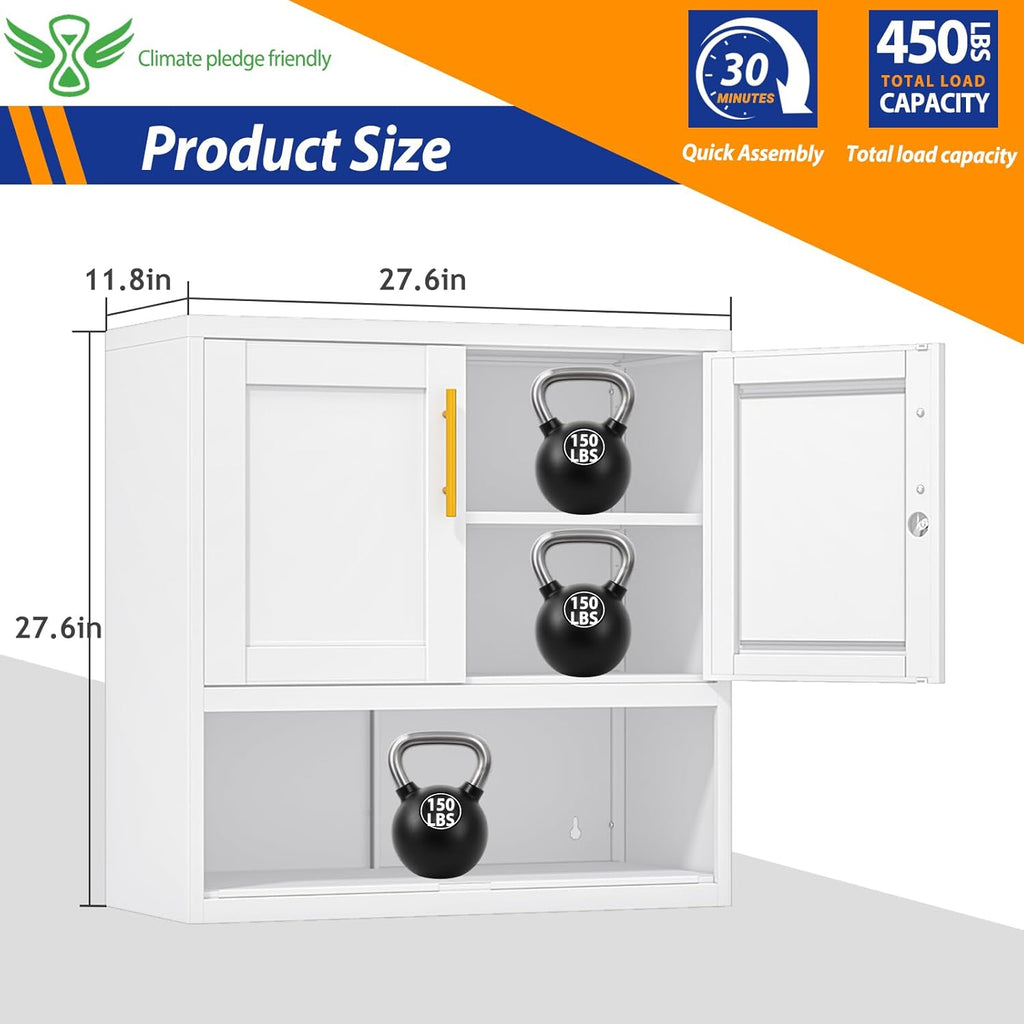 GAIOUS Metal Garage Wall Cabinet with Lock, Wall Mounted Steel Tool Cabinet with Door and Shelf, Medicine Cabinet with Open Area, Hanging Cabinet for Garage Warehouse Bathroom Kitchen, White