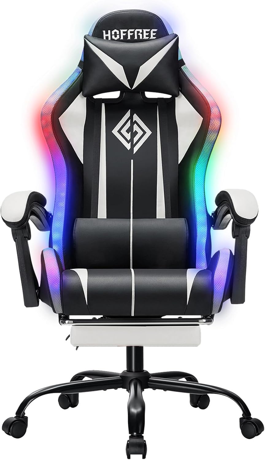 RGB Gaming Chair with LED Lights Massage Computer Chair Ergonomic High Back Video Game Chair with Footrest and Adjustable Lumbar Support Gamer Chairs with Linkage Armrest White and Black