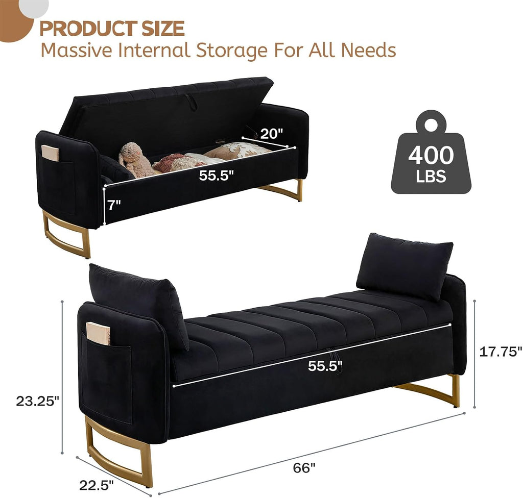 66" End of Bed Storage Bench King Size, Velvet Storage Benches for Bedroom Foot of Bed, Upholstered Storage Ottoman Bench with Golden Legs and Pillow for Living Room Window Entryway, Black