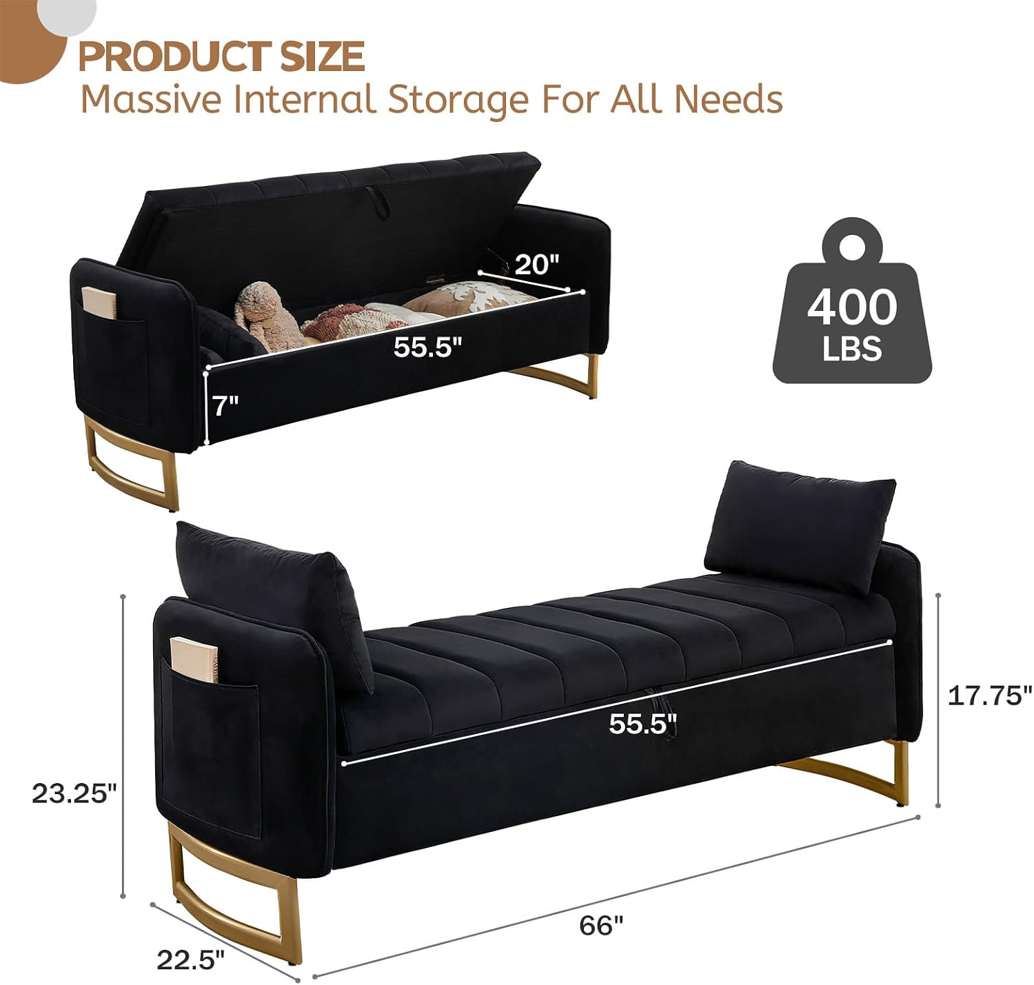 66" End of Bed Storage Bench King Size, Velvet Storage Benches for Bedroom Foot of Bed, Upholstered Storage Ottoman Bench with Golden Legs and Pillow for Living Room Window Entryway, Black