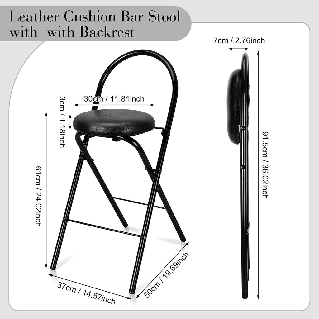 CroBlissful 4 Pcs 24 Inch Folding Bar Stool with Backrest, Leather Padded Folding Stools for Adults up to 350lbs, Collapsible Round Counter Height Stool Chair for Camping Kitchen Shop Cafe (Black)