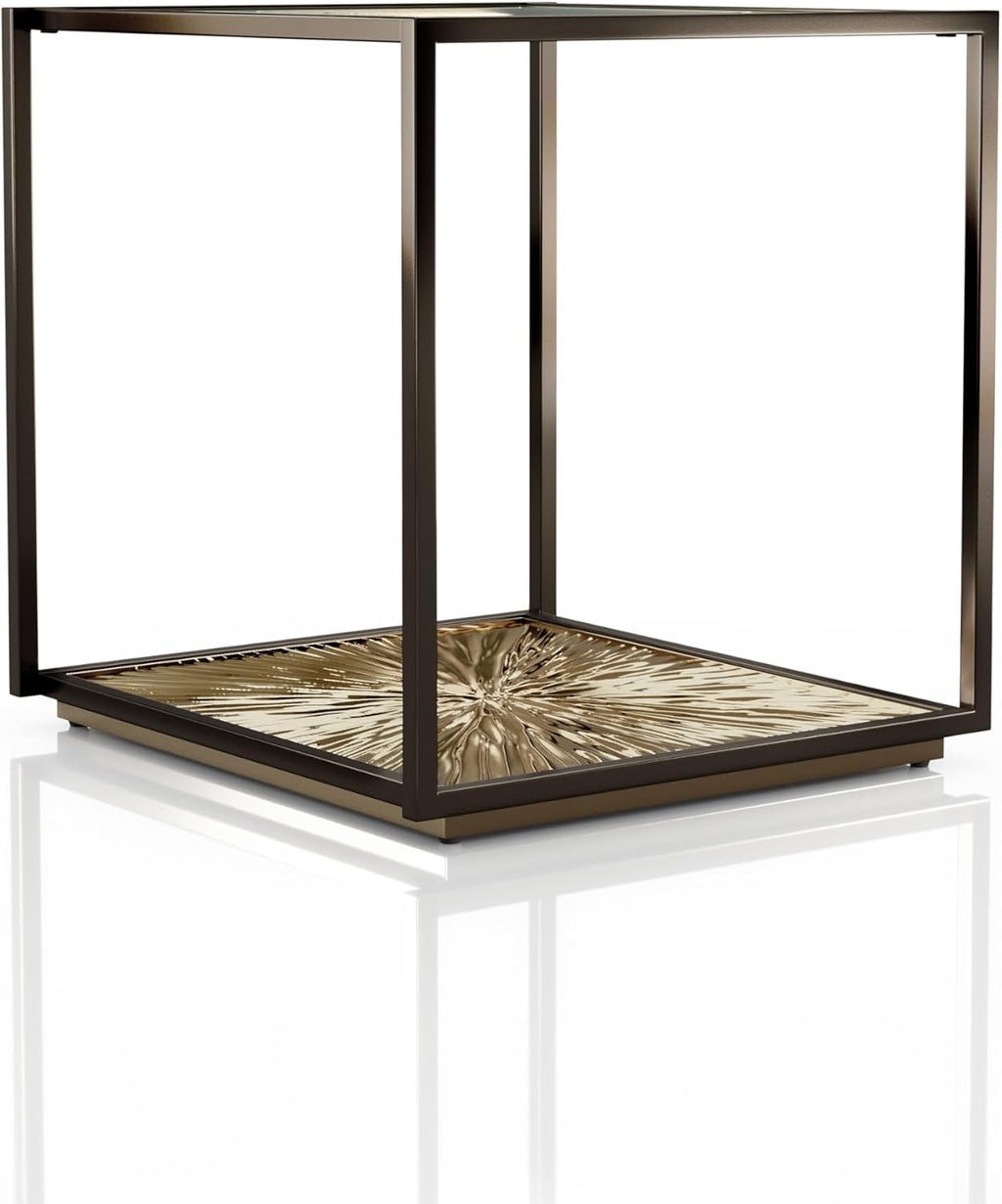 24/7 Shop at Home Aureum Modern 24-inch 1-Shelf Glass Top End Table with Sunburst Bottom Panel, Metal Frame for Living Room, Office, Antique Gold & Black
