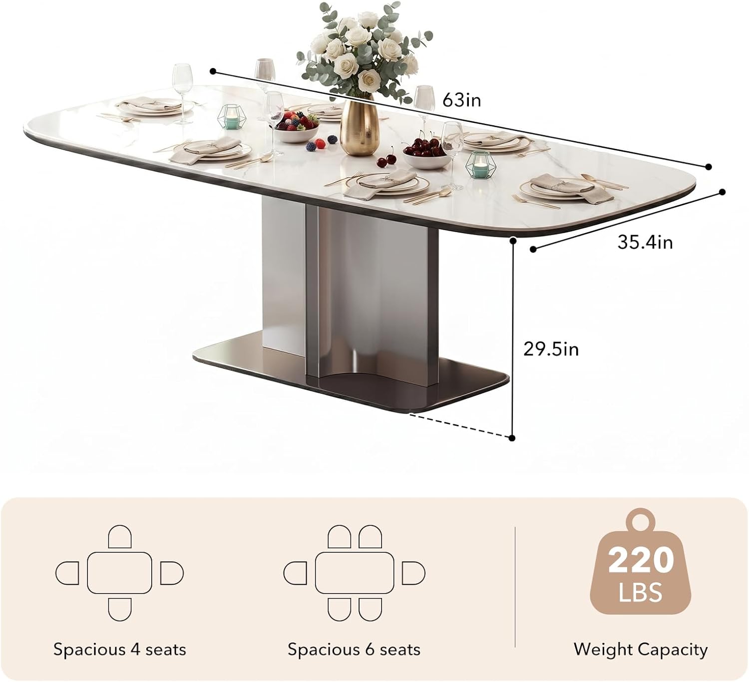 63" Modern Sintered Stone Dining Table for 6, Glossy White Rectangular Kitchen Table with Wood-Reinforced Top & Metal Pedestal Base, for Standard Dining Room, Kitchen & Family Gatherings
