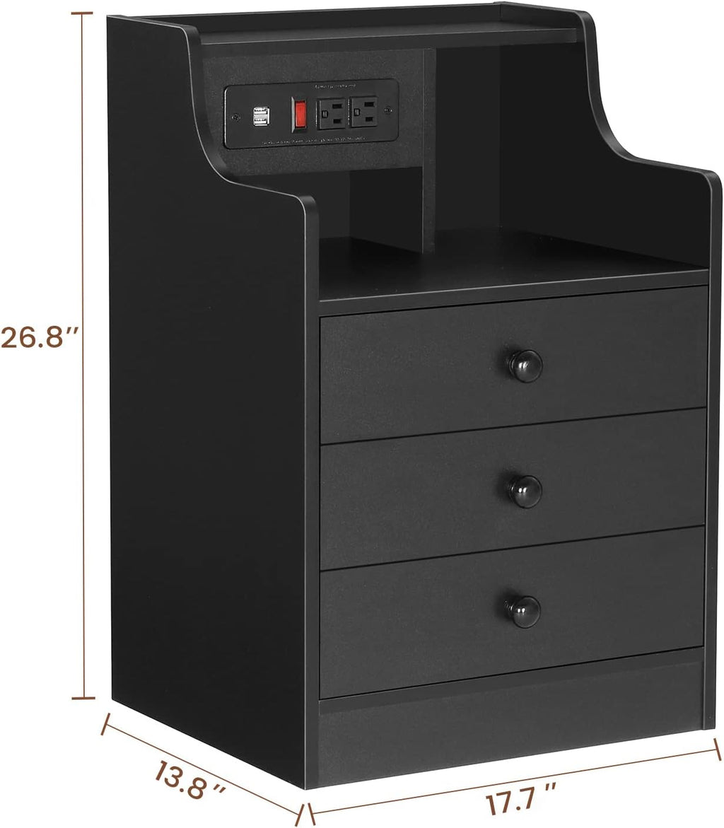 ADORNEVE Black Nightstand with Charging Station & Drawers | Night Stand for Bedroom,End Table with Hutch & 3 Storage Drawers