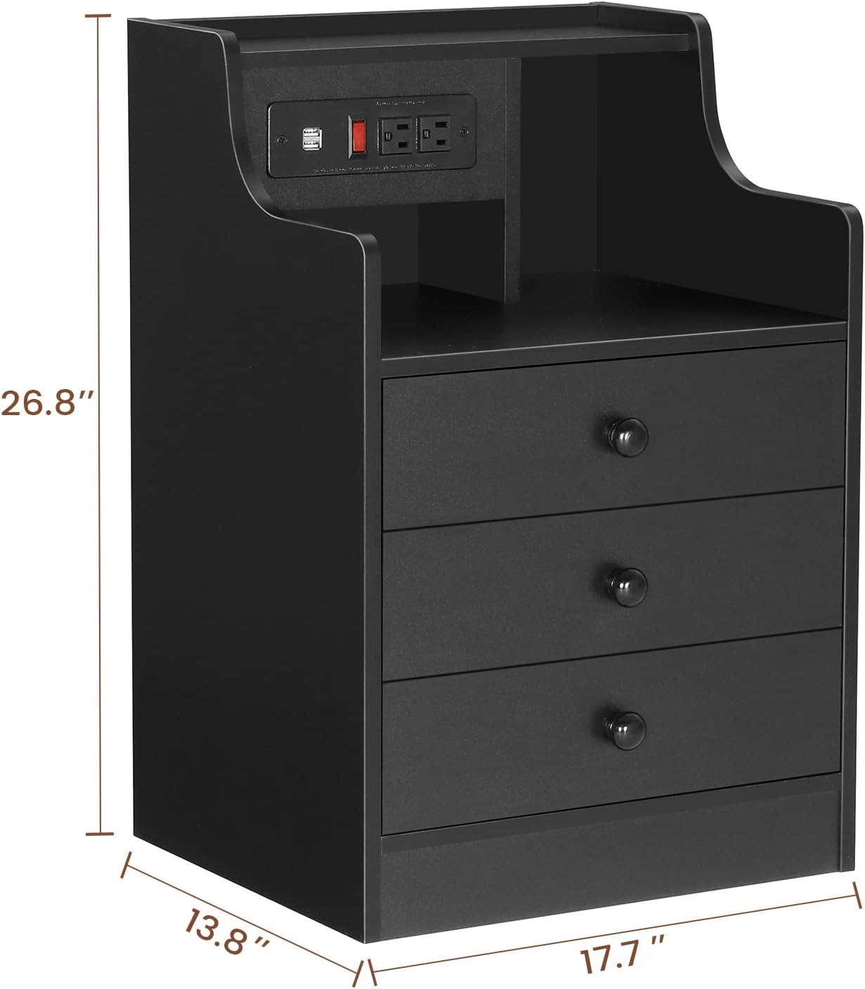 ADORNEVE Black Nightstand with Charging Station & Drawers | Night Stand for Bedroom,End Table with Hutch & 3 Storage Drawers