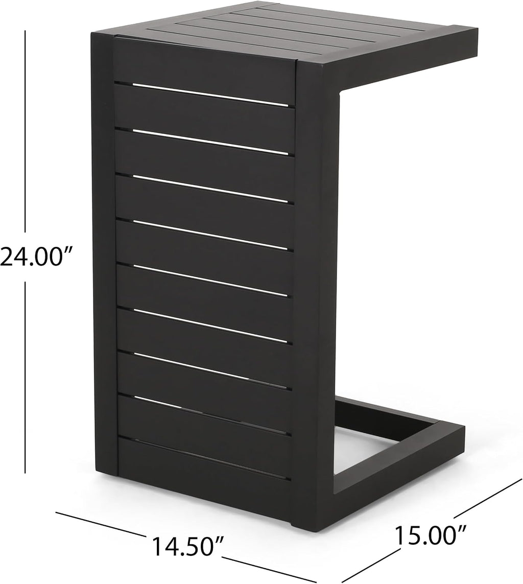 C-Shaped End Table for Patio Lounge Chair: Slide Under Armrest, Keep Drinks & Phone Within 10-inch Reach - 0° Effort While Relaxing on Your Chaise - Rust-Resistant Aluminum Frame, Matte Black