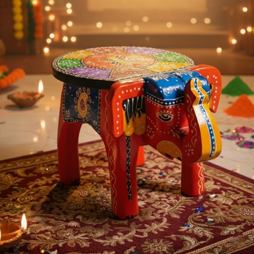 End Table, Handmade Wooden Elephant Side Table, Small Round End Table, Nightstand with Tapered Legs, for Small Spaces, Living Room, Bedroom, Wooden Stools (Red)