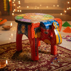 End Table, Handmade Wooden Elephant Side Table, Small Round End Table, Nightstand with Tapered Legs, for Small Spaces, Living Room, Bedroom, Wooden Stools (Red)